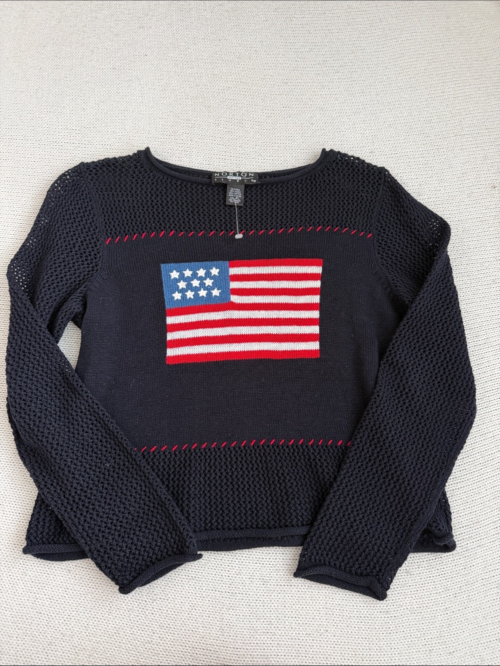 NWT! Norton Studio Cotton Flag Sweater Navy/Red Size PL
